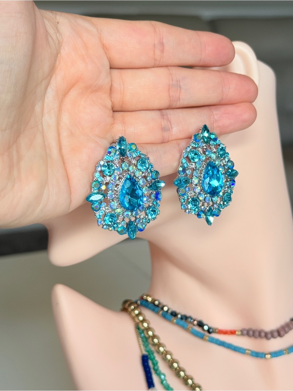 Crystal Teardrop Cluster Earrings in Aqua Blue - Picture 10 of 10